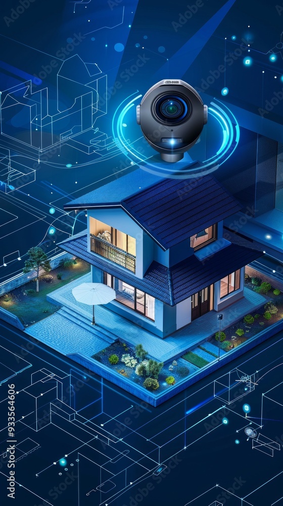 A futuristic image of a model home on a circuit board with tech elements like a 360-degree security camera, blue roof, and cityscape details. A futuristic image of a model home on a circuit board with tech elements like a 360-degree security camera, blue roof, and cityscape details.