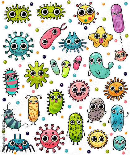 Various colorful cartoon microbes with cute expressions are shown on a white background. The illustration includes different shapes and sizes of bacteria. Concept of microbiology. Vector illustration