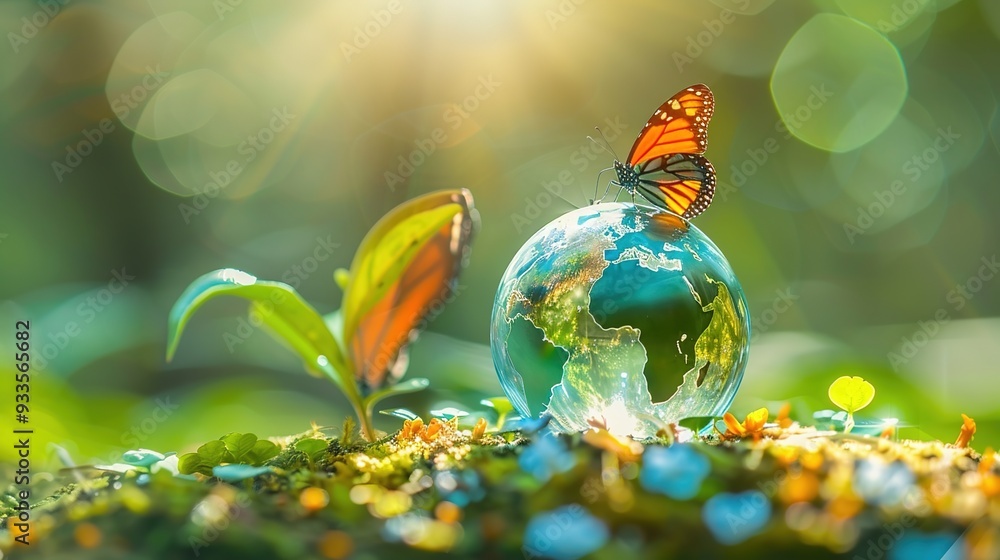 A vibrant globe surrounded by butterflies and plants, symbolizing nature and environmental harmony. A vibrant globe surrounded by butterflies and plants, symbolizing nature and environmental harmony.