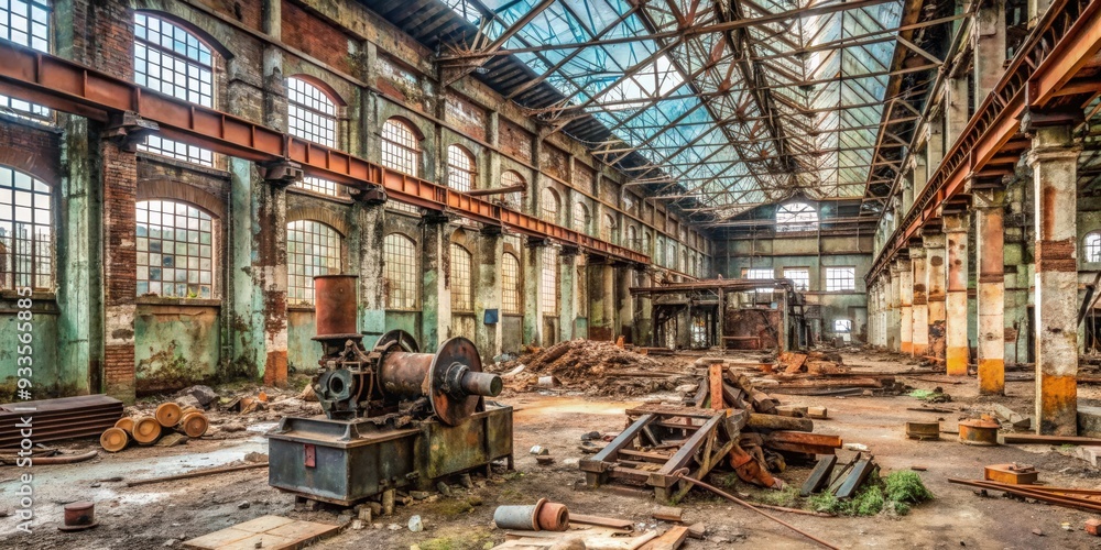 Ruins of an abandoned machine-building plant with rusted machinery and debris , industry, decay, architecture, manufacturing Ruins of an abandoned machine-building plant with rusted machinery and debris , industry, decay, architecture, manufacturing