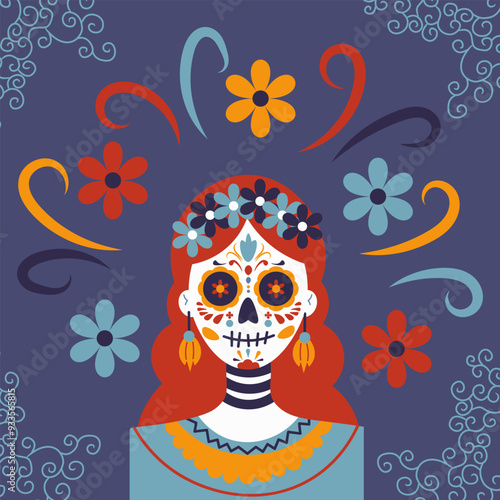Dia de Los Muertos. poster with decorated female skull, flowers on dark background. Mexican Day of the Dead. Vector template