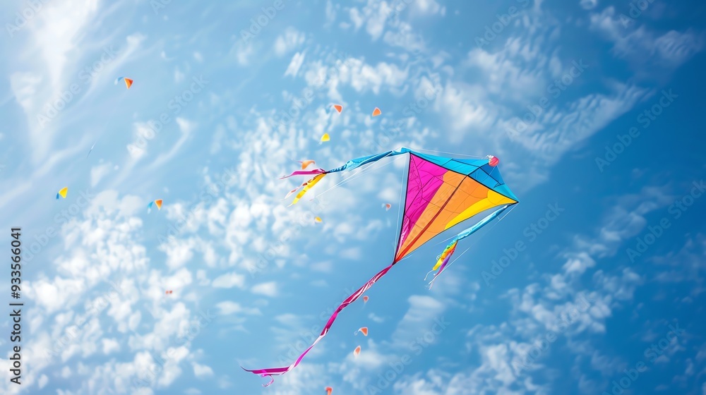 A colorful kite flying in a blue sky with white clouds. A colorful kite flying in a blue sky with white clouds.