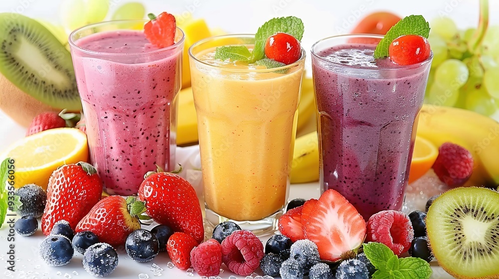 A vibrant display of colorful smoothies surrounded by fresh fruits, showcasing healthy beverage options. A vibrant display of colorful smoothies surrounded by fresh fruits, showcasing healthy beverage options.