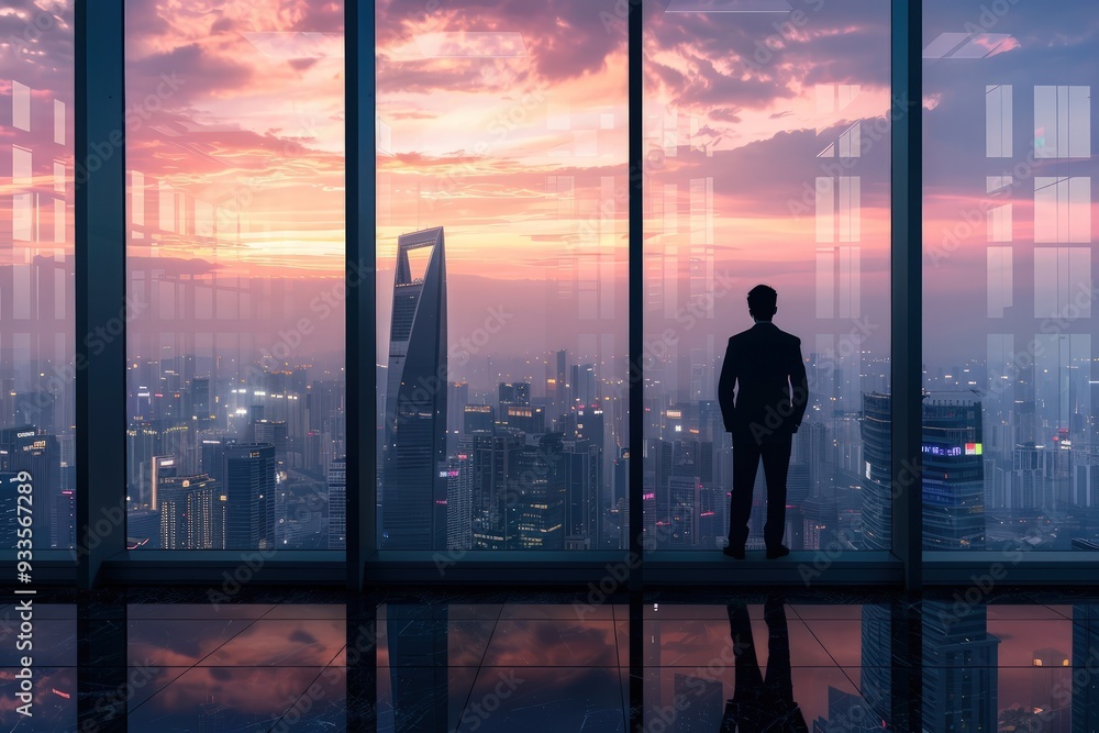 Cityscape at sunset, businessman by window, panoramic view, business concept. Cityscape at sunset, businessman by window, panoramic view, business concept.