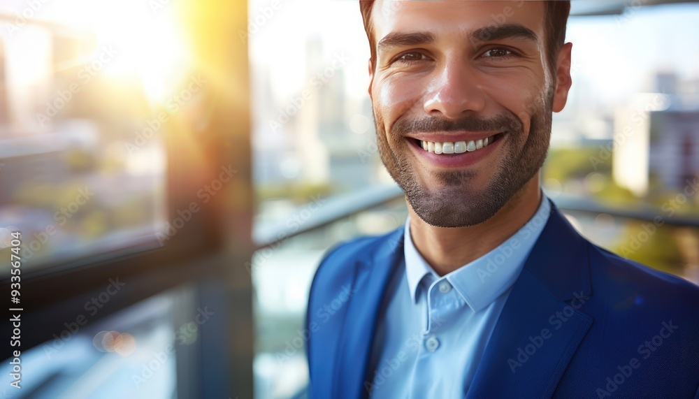 Close-up of a blue-suited businessman smiling at the camera, with a blurred modern office and cityscape background, copy space on the right. Close-up of a blue-suited businessman smiling at the camera, with a blurred modern office and cityscape background, copy space on the right.