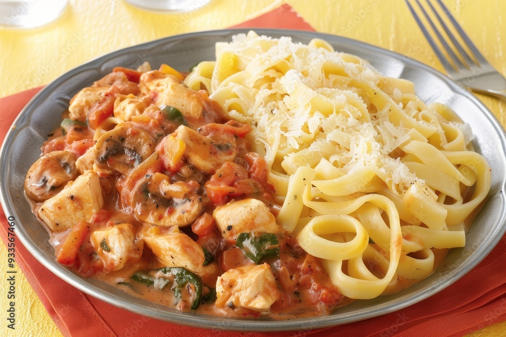 Creamy Tomato Chicken with Mushrooms and Fettuccine Pasta Garnished with Parmesan Cheese Creamy Tomato Chicken with Mushrooms and Fettuccine Pasta Garnished with Parmesan Cheese