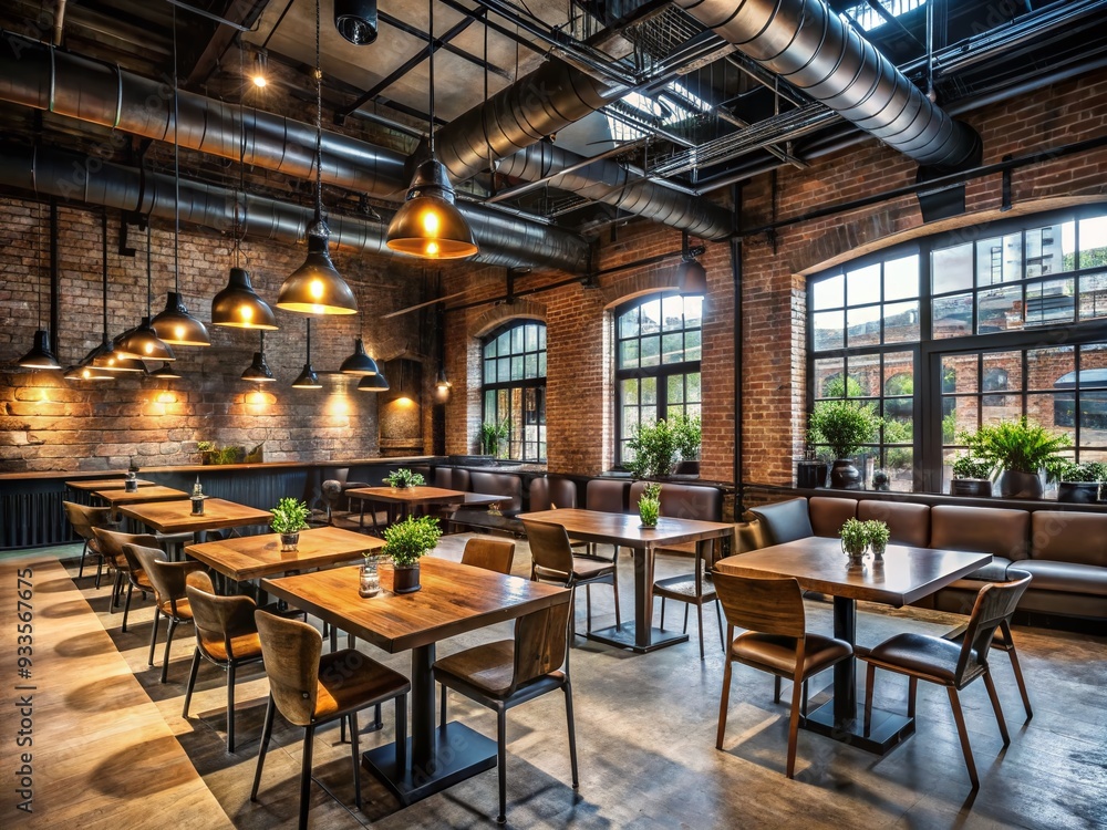 Naklejka premium Industrial Warehouse Eatery: Edgy, Urban, Exposed Brick, Black, Industrial Chic