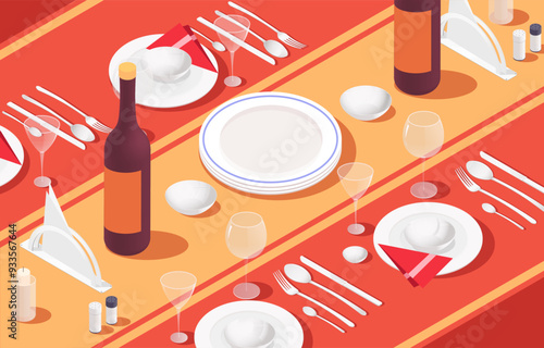 Isometric view showing dining table setup with plates, utensils, wine glasses, wine bottles. Background has a red and orange striped pattern. Concept of dining and hospitality. Vector illustration