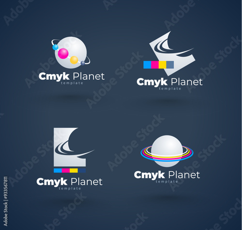 Set Logo Print Сmyk Planet Space theme. Template design vector. Black background.