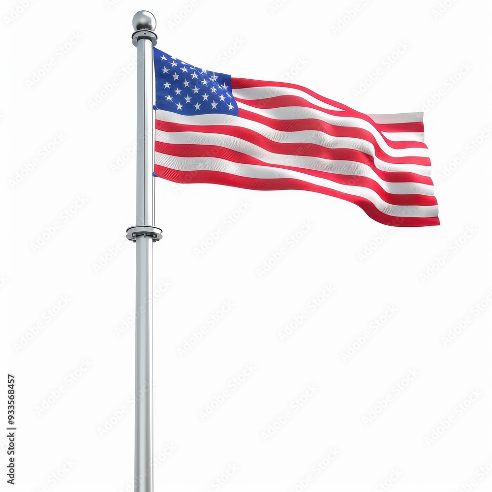 Obraz premium American Flag Waving Proudly: The Stars and Stripes billow in the wind, a powerful symbol of freedom, patriotism, and national pride, isolated on white background 