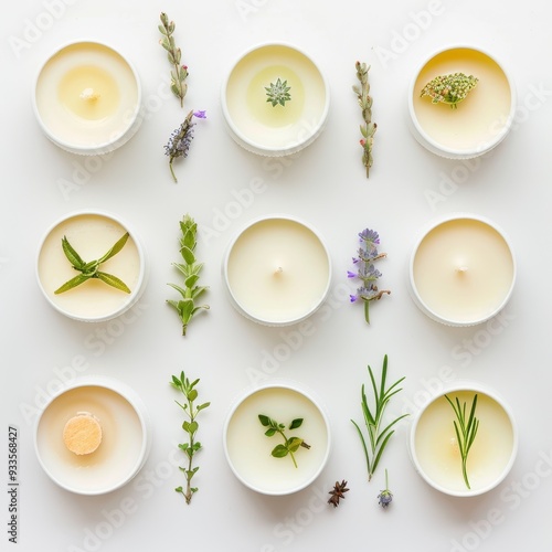 Aromatic Harmony: A minimalist flat lay of soy candles infused with natural botanicals, inviting tranquility and relaxation.  photo