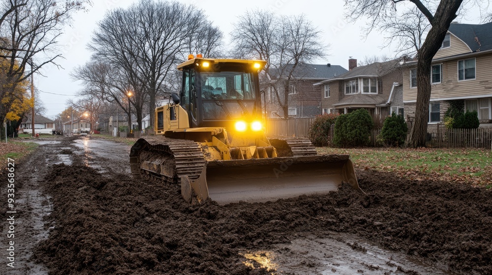 A bulldozer works to plow wet, muddy ground on a country road, surrounded by houses and trees on a rainy autumn day with bright yellow lights A bulldozer works to plow wet, muddy ground on a country road, surrounded by houses and trees on a rainy autumn day with bright yellow lights