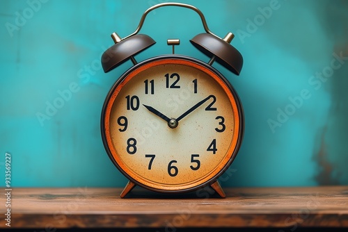 Retro alarm clock on vintage table in good morning concept