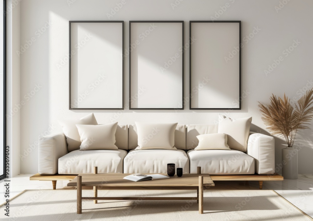 Fototapeta premium living room with a large blank frame mockup on the wall, a white sofa and coffee table, soft natural light