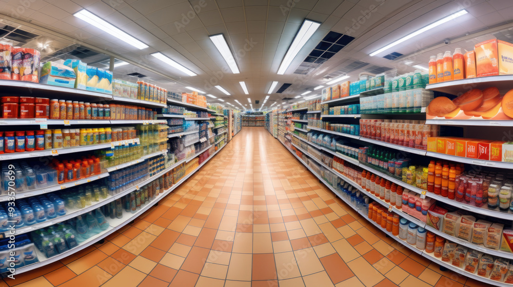 A long aisle within a grocery store that is fully stocked with a variety of products and goods for customers to select from A long aisle within a grocery store that is fully stocked with a variety of products and goods for customers to select from