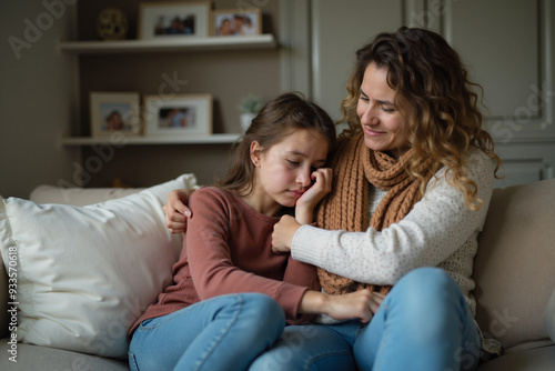 Emotional Support: Mother Comforting Distressed Teenage Daughter During Puberty - Mental Health Awareness