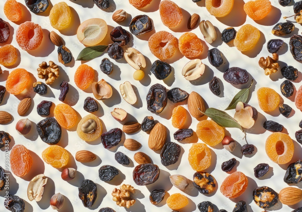 A vibrant assortment of various dried fruits and nuts scattered on a light background A vibrant assortment of various dried fruits and nuts scattered on a light background