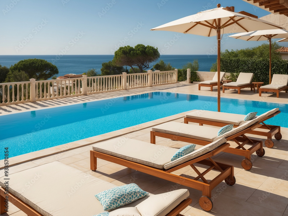 Fototapeta premium A spacious terrace in a coastal villa, with cushioned sun beds arranged around a private pool.