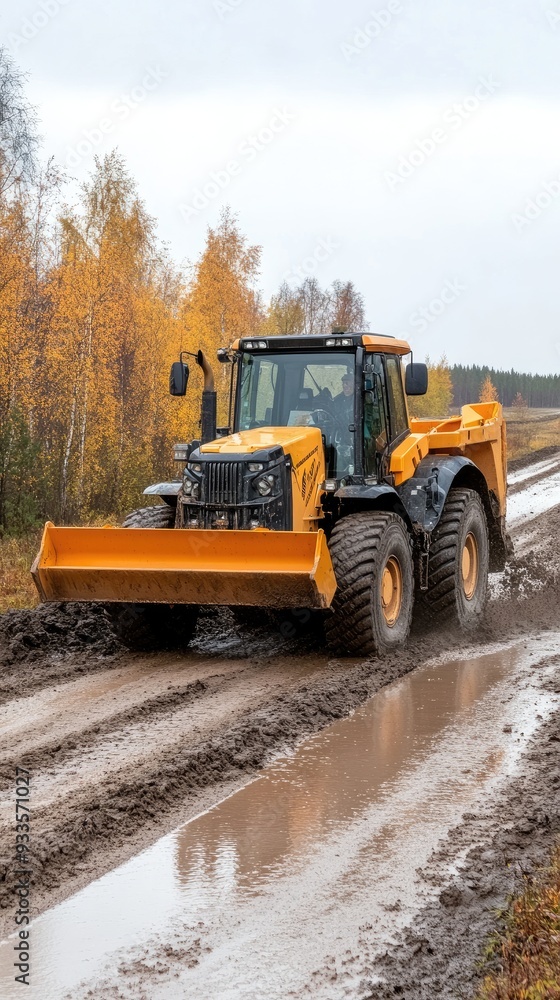 A bulldozer works to plow wet, muddy ground on a country road, surrounded by houses and trees on a rainy autumn day with bright yellow lights A bulldozer works to plow wet, muddy ground on a country road, surrounded by houses and trees on a rainy autumn day with bright yellow lights