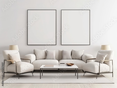 living room with a large blank frame mockup on the wall, a white sofa and coffee table, soft natural light