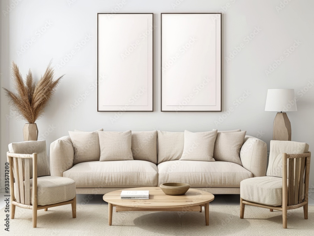 living room with a large blank frame mockup on the wall, a white sofa and coffee table, soft natural light living room with a large blank frame mockup on the wall, a white sofa and coffee table, soft natural light