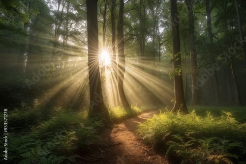 Sunbeams Through Foggy Forest Path