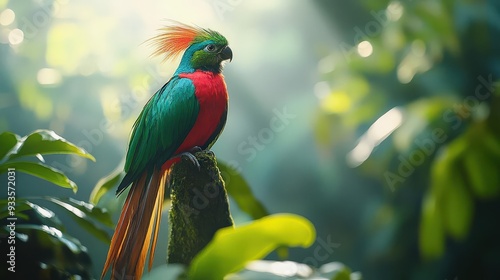 4K Realistic Colorful quetzal bird in cloud forest, long tail feathers, photo