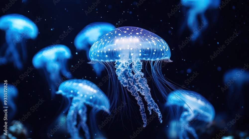 4K Realistic Jellyfish swarm illuminated in deep ocean, bioluminescence, 4K Realistic Jellyfish swarm illuminated in deep ocean, bioluminescence,
