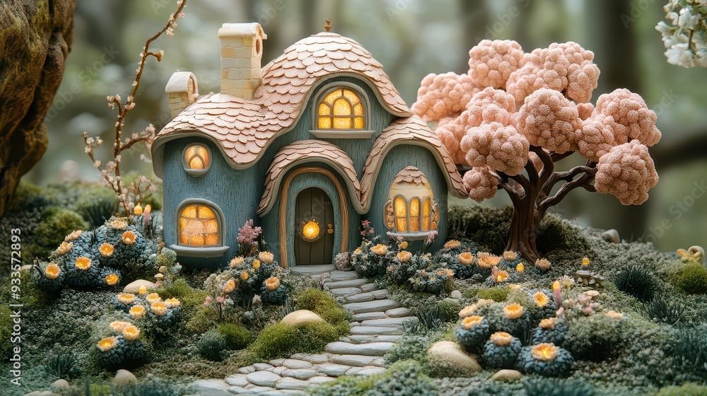 Fototapeta premium whimsical miniature villa with intricate details set in a dreamy pastel landscape toylike charm evokes nostalgia and childlike wonder blending realism with fantastical elements