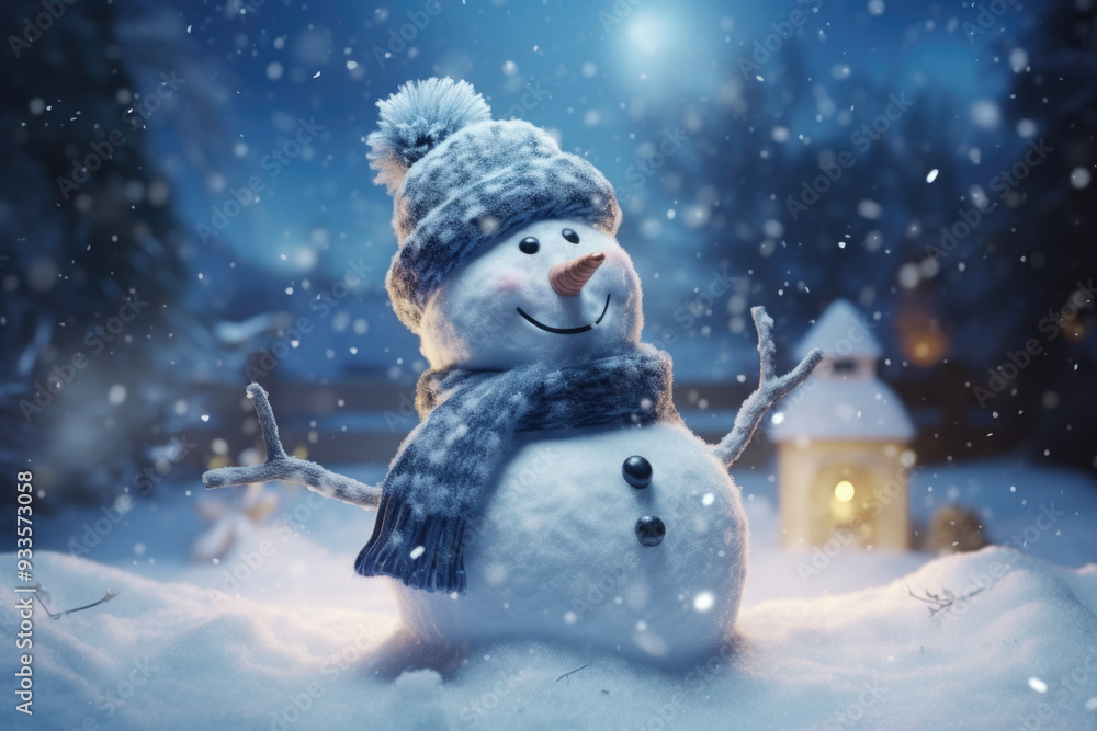 Fototapeta premium Merry christmas and happy new year greeting card with copy-space. Happy snowman standing in christmas landscape. Snow background. Winter fairytale.