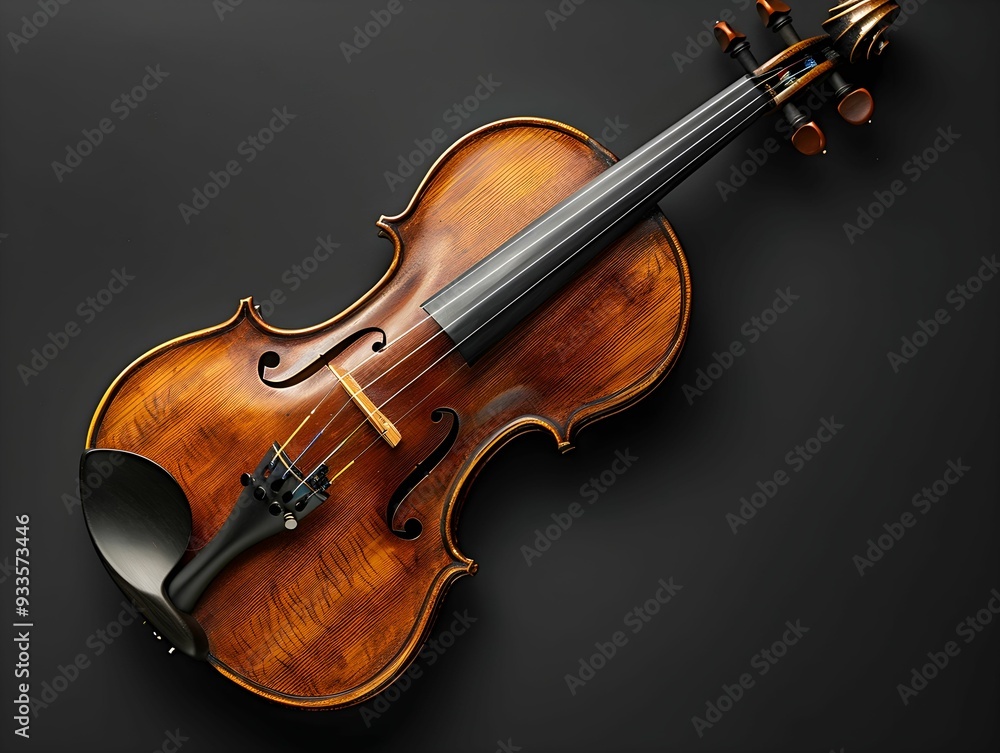 Fototapeta premium A beautifully crafted violin resting on a dark surface, showcasing its rich wood grain and elegant shape