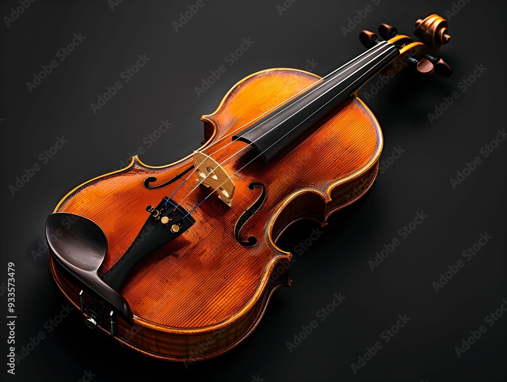 Fototapeta premium A beautifully crafted violin resting on a dark surface with finely detailed wood grain