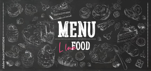 Chalkboard menu featuring hand-drawn sketches of various desserts, including cakes, pastries, and macarons. Concept of bakery and dessert menu. Vector illustration