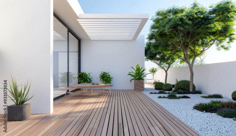 Modern wooden terrace with a white wall and modern minimalistic furniture. Plants on the side of the deck Modern wooden terrace with a white wall and modern minimalistic furniture. Plants on the side of the deck