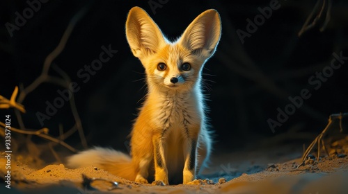 4K Realistic Playful fennec fox with oversized ears, desert night, photo