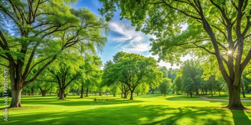 Serene park setting with lush green trees, nature, park, trees, greenery, outdoor, scenic, relax, peaceful, environment