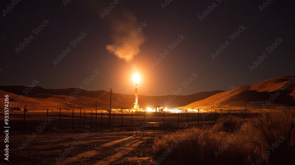 Night view of a gas flare illuminating desert landscape with night sky and hills Night view of a gas flare illuminating desert landscape with night sky and hills