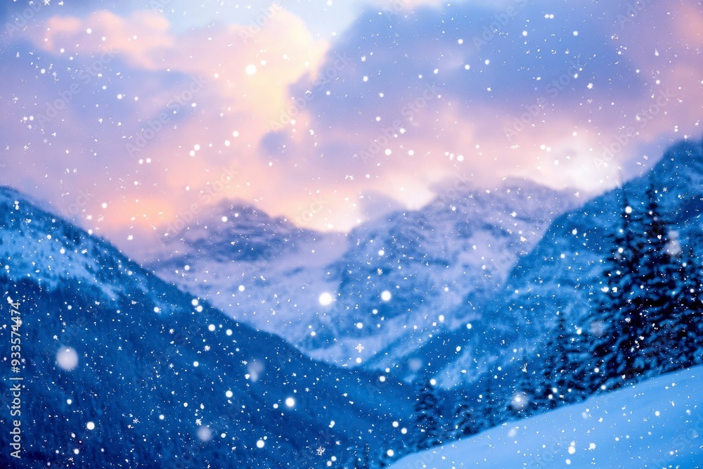 Snow Falling on Mountains and Trees During a Pink-Hued Sunset Snow Falling on Mountains and Trees During a Pink-Hued Sunset