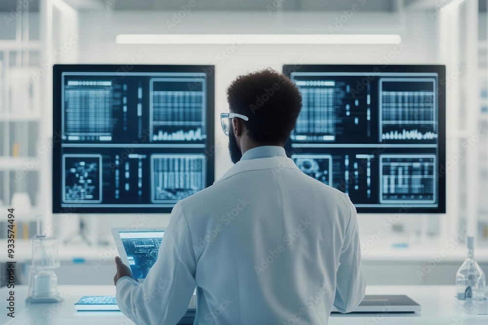 AI-powered lab with a scientist reviewing data on floating holographic screens, futuristic design, cold blue and white tones AI-powered lab with a scientist reviewing data on floating holographic screens, futuristic design, cold blue and white tones