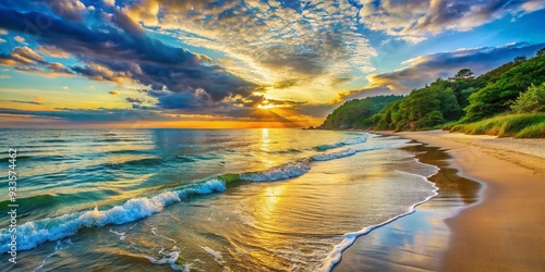 Tranquil Haven: Quiet beach at sunset, gentle lapping of waves, serene sky, peaceful, idyllic, calming blues and greens. photo