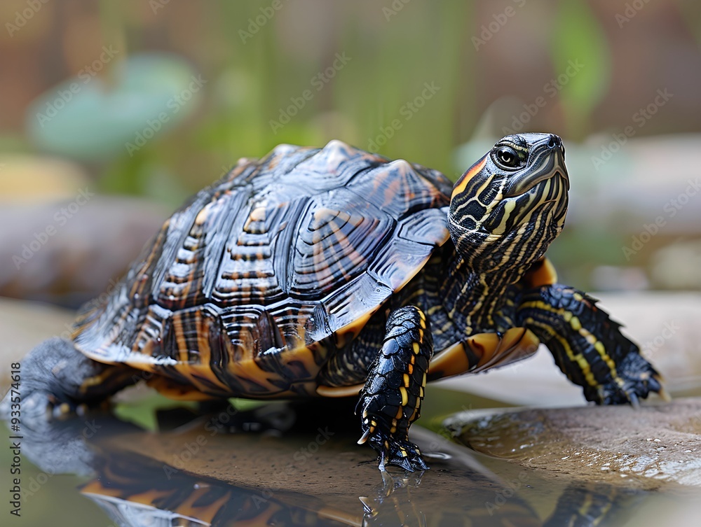 Obraz premium A painted turtle basking near a calm pond surrounded by green foliage on a sunny day