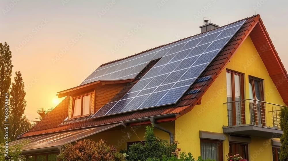 A modern house with solar panels on the roof, illuminated by a sunset. A modern house with solar panels on the roof, illuminated by a sunset.