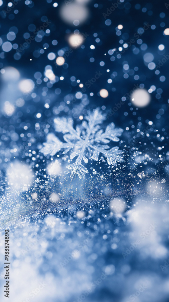 Macro view of a frosted snowflake resting on a surface with sparkling snow particles, set against a deep blue background, creating a crisp winter aesthetic. Macro view of a frosted snowflake resting on a surface with sparkling snow particles, set against a deep blue background, creating a crisp winter aesthetic.