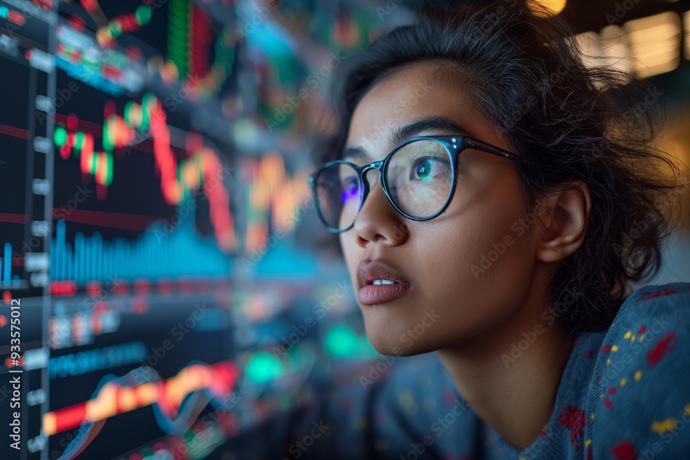 A focused woman analyzing stock market data on a glowing screen, reflecting graphs and charts on her glasses. A focused woman analyzing stock market data on a glowing screen, reflecting graphs and charts on her glasses.