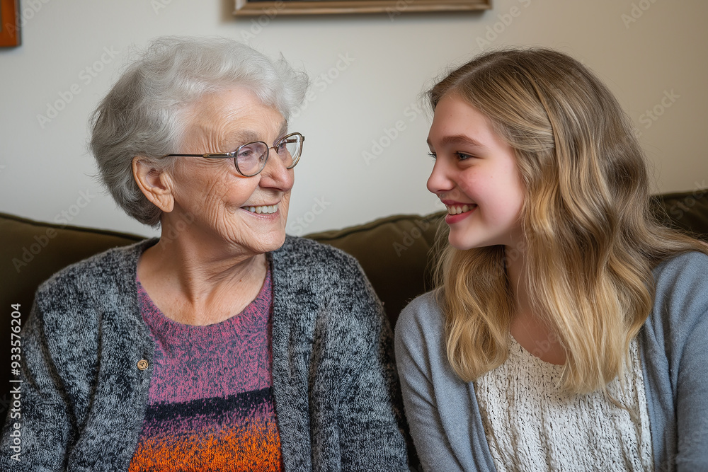 Elderly woman with white hair and glasses sharing a joyful moment with a smiling young girl. Generational bond and family love concept in a cozy home setting. Elderly woman with white hair and glasses sharing a joyful moment with a smiling young girl. Generational bond and family love concept in a cozy home setting.