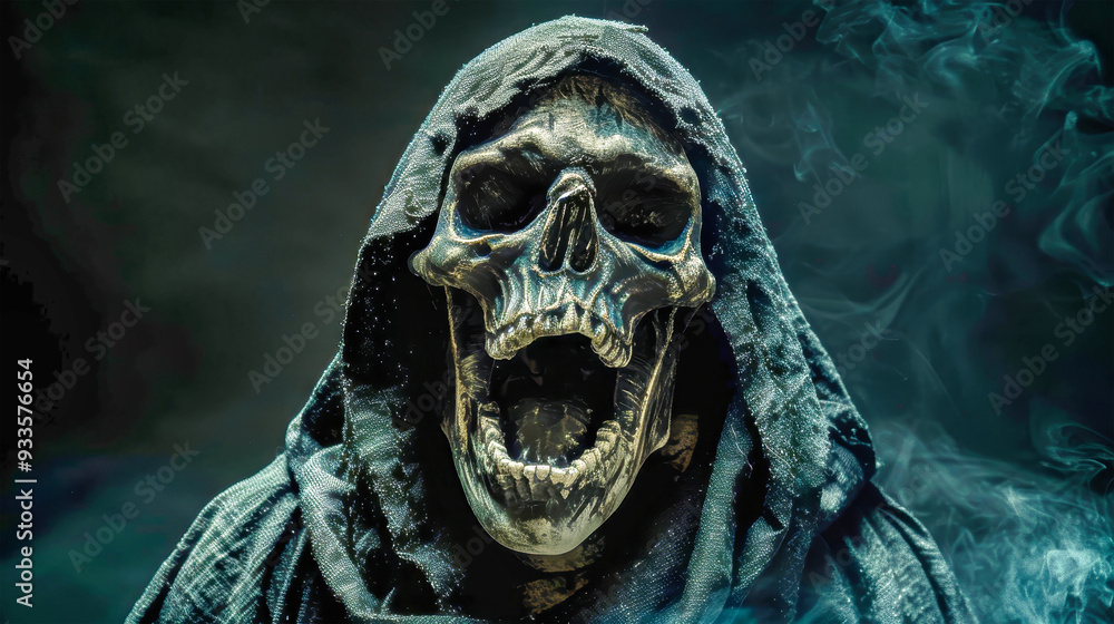 The grim reaper, cloaked and skeletal, emits a silent scream of fear, creating a hauntingly spooky atmosphere perfect for Halloween The grim reaper, cloaked and skeletal, emits a silent scream of fear, creating a hauntingly spooky atmosphere perfect for Halloween