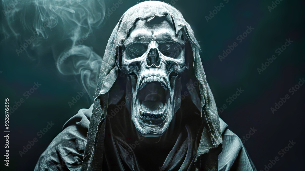 A terrifying reaper with a skull face screams into the abyss, clad in a dark cloak, perfectly embodying the spirit of Halloween in a chilling atmosphere A terrifying reaper with a skull face screams into the abyss, clad in a dark cloak, perfectly embodying the spirit of Halloween in a chilling atmosphere