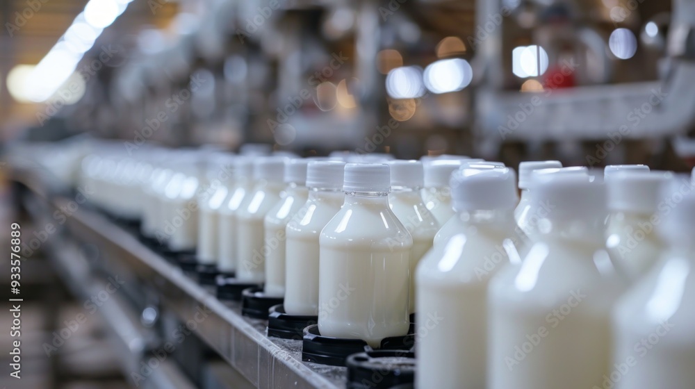 Efficient milk bottling process in a modern dairy factory. Industrial equipment and fresh milk in glass bottles. Efficient milk bottling process in a modern dairy factory. Industrial equipment and fresh milk in glass bottles.