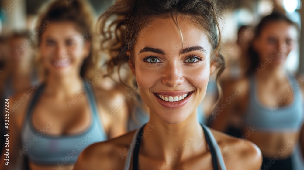 Smiling woman at the forefront of a fitness class, surrounded by other energetic participants in a gym setting. Smiling woman at the forefront of a fitness class, surrounded by other energetic participants in a gym setting.