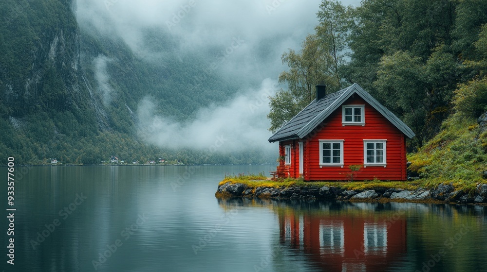 Red Cabin by the Foggy Lake Red Cabin by the Foggy Lake